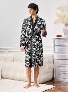 Men's Waist Tie Open Long Sleeve Zebra Pattern Fashionable Charm Elegant Slouchy Robe - Multicolor - View 6