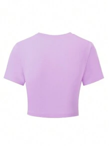 SHEIN Camiseta morada de manga corta y cuello redondo de unicolor, simple y de ocio diario para adolescentes - Morado - Ver 2
