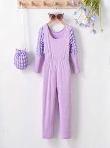 SHEIN 1 套女童长袖纹理拼布连体衣，配配色包 - 紫色 - 查看 2