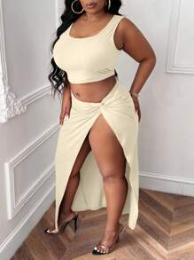Slaydiva 2 件大码打结无袖上衣和开衩下摆裙子套装，夏季 - 杏色 - 查看 6