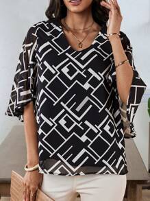 EMERY ROSE Summer Geometric Pattern Chiffon Women's Blouse