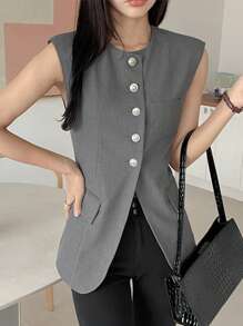 DAZY Women's Long Sleeve Button Front Sleeveless Pocket Simple Casual Regular Jacket Work Women Clothes Women Coats - Grey - View 3