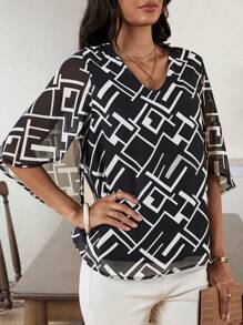 EMERY ROSE Summer Geometric Pattern Chiffon Women's Blouse