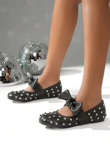 SHUZIA Phụ Nữ Dễ Thương Màu Đen PU Thắt Nơ Đính Kim Cương Giả Trang Trí Mũi Tròn Mary Jane Đế Bằng - màu đen - Xem 3