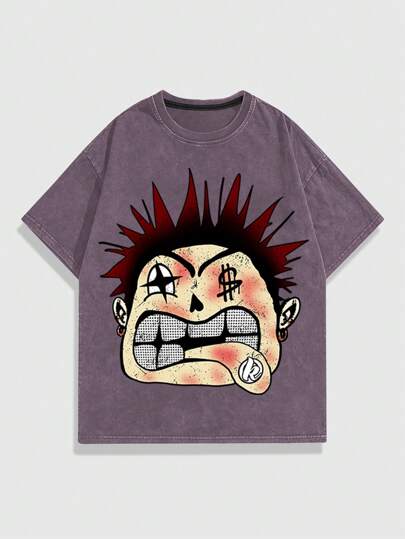 Street Life Herren lustiges Graffiti Portrait gedrucktes, verwaschenesSchneeflockenkurzarm T-Shirt für den Sommer