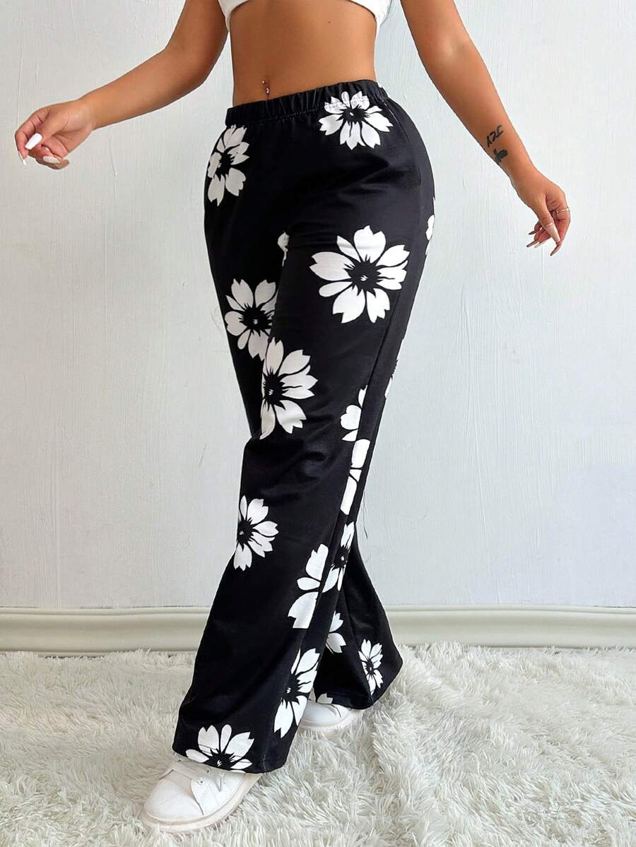 VaVaBold Damen schwarze & weiße Hose mit Blumenmuster, minimalistischer Lässig Stil - Schwarz - Übersicht 1