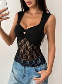 Flirla 女士粉色性感蕾丝拼布镂空吊带背心 - 黑色 - 查看 4