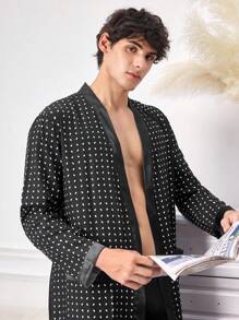 Men's Polka Dot Print Long Sleeve Pocket Loose Long Robe - Black - View 6