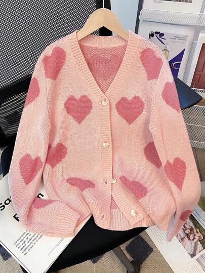 SHEIN Tween Girls' Casual Sweetheart Patterned Cozy Cardigan Sweater, Long Sleeve,In Fall/Winter