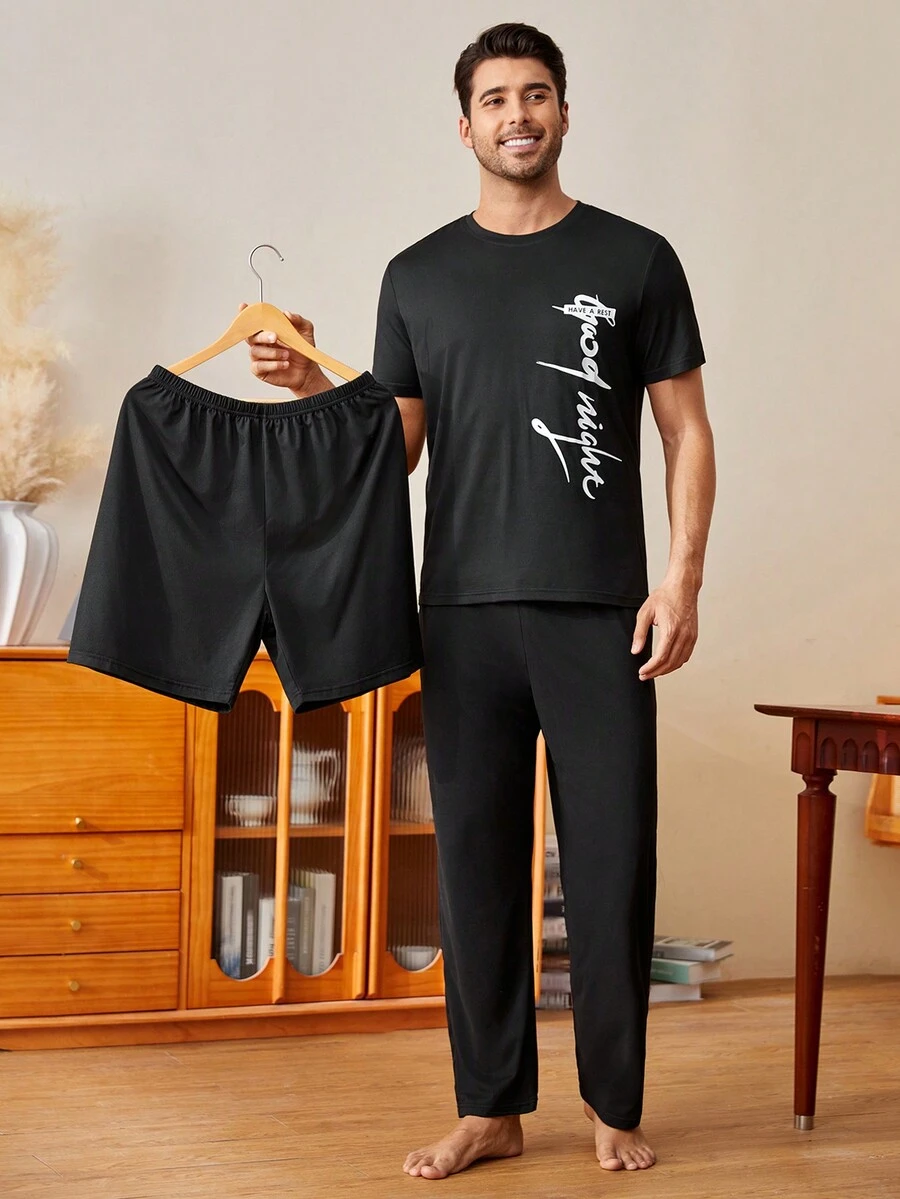 3pcs/Set Men's Printed Crew Neck T-Shirt, Solid Color Shorts And Pants Loungewear Set - Black - View 1