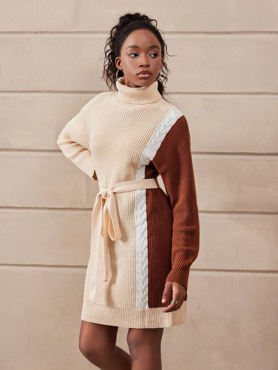 SHEIN Teen Girls Patchwork High Collar Loose Warm Knitted Sweater Dress For Back-To-School,Autumn,Graduation,Beige Fashionable Casual Wear For Outdoor - Multicolor - View 1