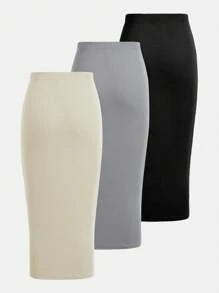 SHEIN Girlism 3pcs/Set Tween Girl Minimalist Single Ruched Slit Design Soft Knit Skirts - Multicolor - View 2