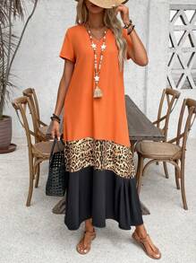 EMERY ROSE Damen Sommer Kurzarm Farbblock Leoparden Muster Lässig Maxi Kleid Outfit