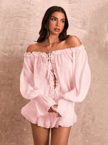 SHEIN BAE 纯色雪纺荷叶边细节浪漫优雅休闲日常街头装朋友聚会生日派对宽松灯笼袖系带前米色女式衬衫，适合夏季 - 淺粉色 - 查看 1