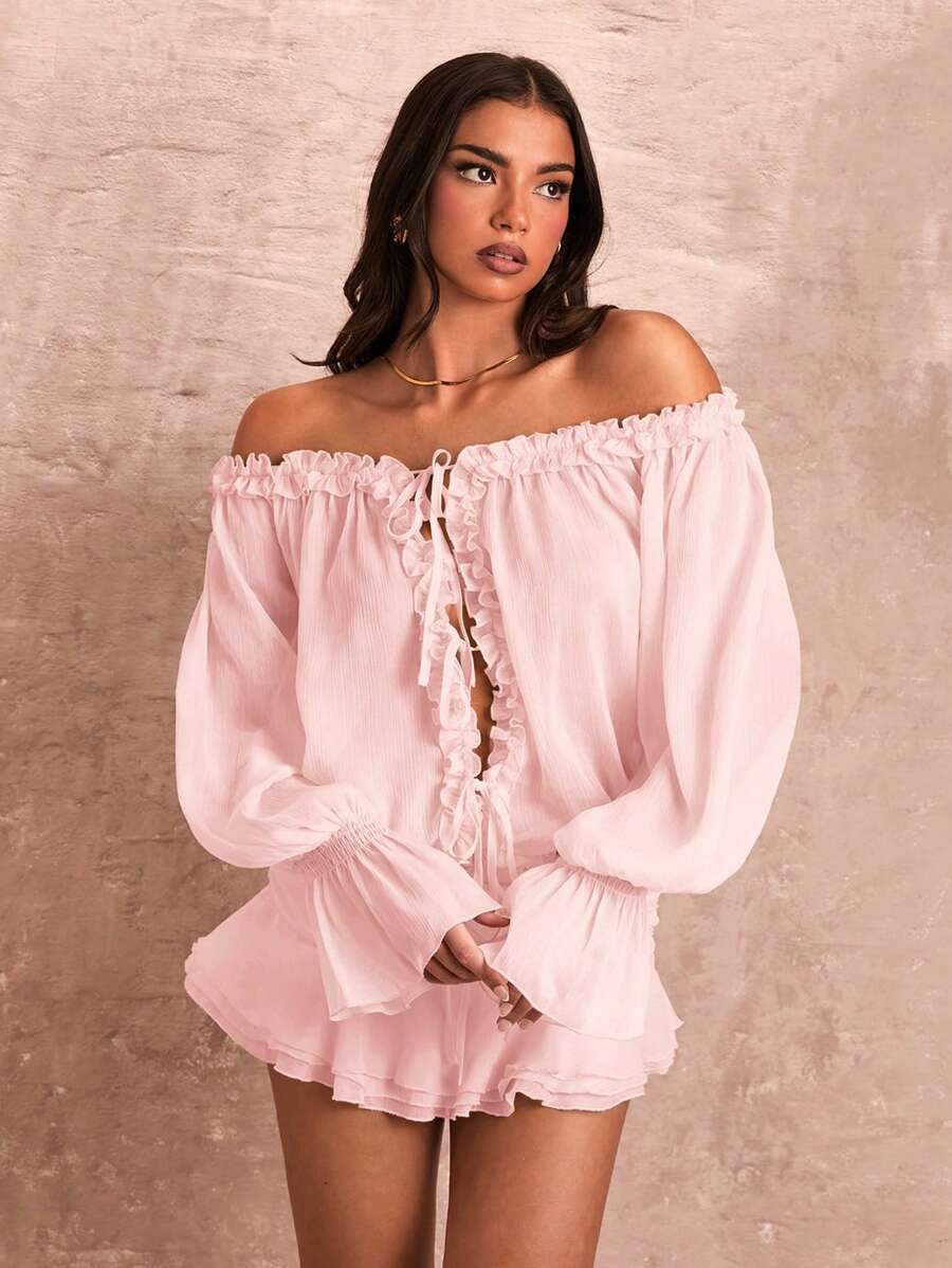 SHEIN BAE 纯色雪纺荷叶边细节浪漫优雅休闲日常街头装朋友聚会生日派对宽松灯笼袖系带前米色女式衬衫，适合夏季 - 淺粉色 - 查看 1