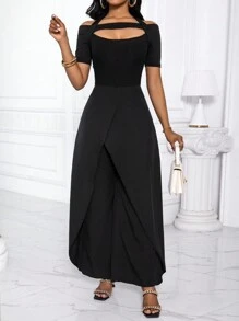 Zolique Women's Strap Halter Halterneck Loose Comfortable Jumpsuit With Side Slit - Black - View 5