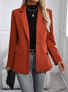 Chiquease Women Spring Business Solid Lapel Neck Single Button Blazer - Orange - View 1