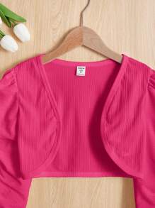 SHEIN Tweed Girl Cropped Front Elegant Long Sleeve Jacket,In Fall/Winter - Hot Pink - View 4