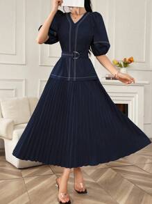 Modelyn 女式 V 领短款泡泡袖连衣裙，带褶边长款晚礼服 - 藏蓝色 - 查看 7