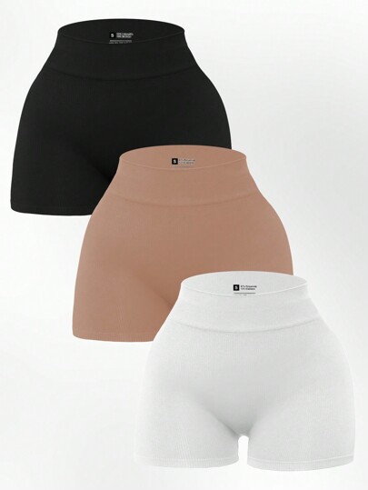 3 قطع شورتات رياضية عالية الخصر ذات حواف مرنة من البولي سبندكس، شورتات مطاطية ضيقة للدراجات