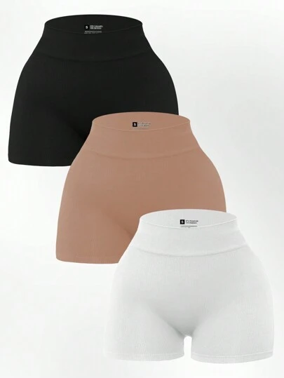 Easithlete 3pcs High Waist Ribbed Sports Shorts Spandex Shorts Stretchy Shorts Biker Shorts