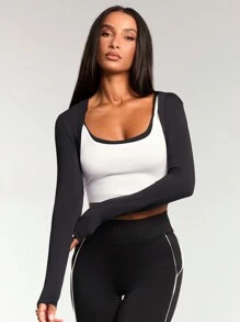 Forever 21 Plain Color Long Sleeve Cropped Casual Top - Black - View 5