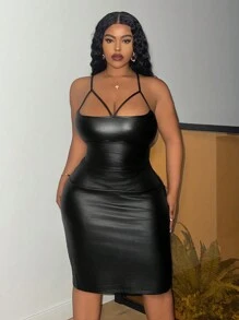 Slaydiva Plus Elegant & Party & Gathering Sexy Solid Black Slim Sleeveless Cutout PU Dress For Women, Spring & Summer - Black - View 6