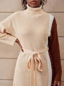 SHEIN Teen Girls Patchwork High Collar Loose Warm Knitted Sweater Dress For Back-To-School,Autumn,Graduation,Beige Fashionable Casual Wear For Outdoor - Multicolor - View 6