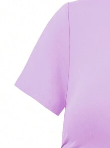 SHEIN Camiseta morada de manga corta y cuello redondo de unicolor, simple y de ocio diario para adolescentes - Morado - Ver 4