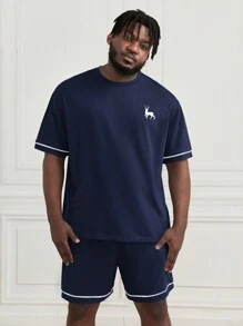 Manfinity Homme 大码男士针织印花两件套：条纹短袖上衣和休闲运动短裤