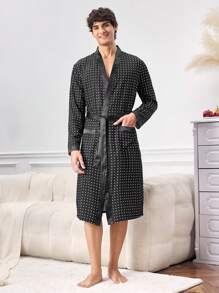 Men's Polka Dot Print Long Sleeve Pocket Loose Long Robe - Black - View 7