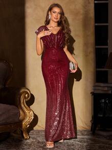 UNITHORSE [Random Cut] Black Deep V-Neck Sequin Dress, Elegant For Gala, Wedding Guest, Graduation Ceremony, Evening Party, Bridal Gown, Birthday Lady Outfit - Burgundy - View 6