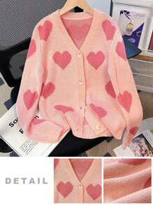SHEIN 青少女休閒甜心圖案舒適針織開衫毛衣，長袖 - 粉色 - 查看 3