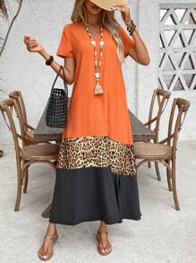 EMERY ROSE Damen Sommer Kurzarm Farbblock Leoparden Muster Lässig Maxi Kleid Outfit