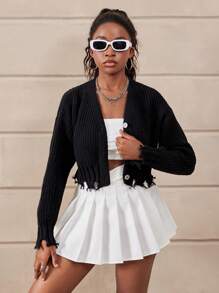 Girls' Black Fashionable V-Neck Cardigan Sweater,90s Style Frayed Hem Single Button Short Sweater,Back-To-School Graduation Autumn Daily Wear Travel - Black - View 5