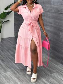 Slaydiva Elegantes rosa Kleid mit Schleife, Gürtel und Knöpfen vorne - Pink - Übersicht 3