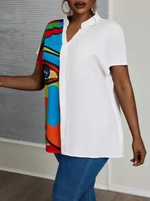 Slaydiva Elegant & Office & Casual Loose Drop Shoulder Stand Collar V-Neck Graphic Patchwork Contrast Color Plus Size Women Regular Blouse, Spring Summer
