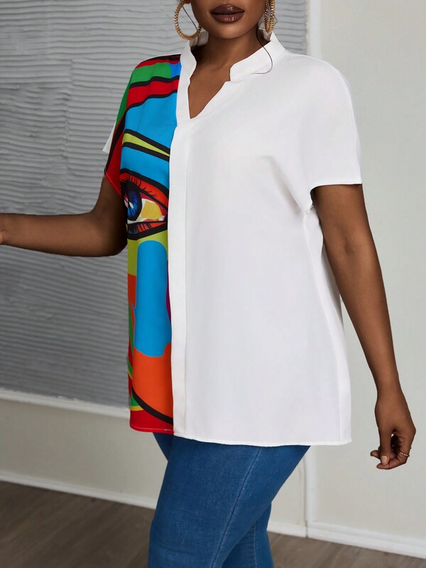 Slaydiva Blusa regular de talla grande para mujer con cuello mao, gráfico de patchwork y contraste de color, elegante, de oficina y casual, de hombros caídos y holgada, para primavera y verano