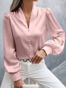 SHEIN Clasi Blusa minimalista de cuello en V de manga larga con botones delanteros, uso diario casual para mujer - Rosa - Ver 4