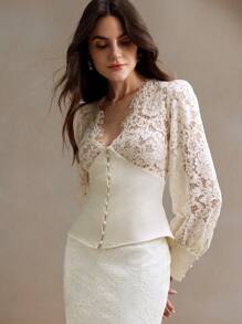 Anewsta V-Neck Lace Patchwork Cinched Waist Top - Apricot - View 8