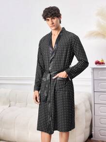 Men's Polka Dot Print Long Sleeve Pocket Loose Long Robe - Black - View 5