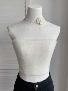 SHEIN EZwear 白色温柔优雅仿貂毛抹胸针织上衣 - 白色 - 查看 1