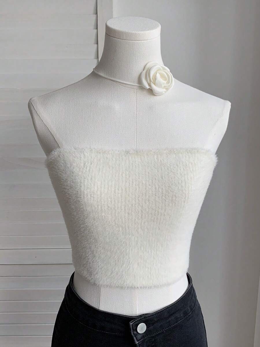 SHEIN EZwear 白色温柔优雅仿貂毛抹胸针织上衣 - 白色 - 查看 1