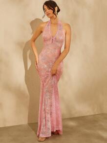 SHEIN Unity Sheer Halter Neck Lace Gown With Plunging Neckline And Keyhole Cutout