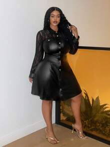 Slaydiva Vestido camisa de talla grande para mujer, elegante y sexy, con aplicaciones de encaje y PU, ajuste ceñido, adecuado para Halloween - Negro - Ver 4