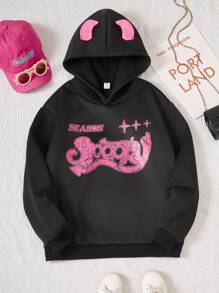 Teenagers' 3D Ear Design Hooded Printed Sweatshirt Cute And Childlike Unique 3D Design Suitable For Creative Dressing - Black - View 1
