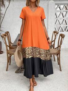 EMERY ROSE Damen Sommer Kurzarm Farbblock Leoparden Muster Lässig Maxi Kleid Outfit