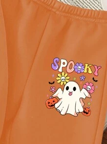 SHEIN Leap Crew 可爱又有点诡异的氛围，女婴休闲简约南瓜幽灵图案套头宽松卫衣套装，适合秋冬季万圣节穿着 - 亮橙色 - 查看 4