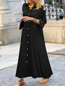 Vestido camisa largo de manga larga con botones frontales de unicolor para mujer - Negro - Ver 1
