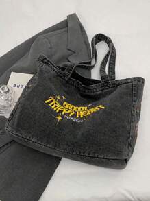 1个Y2K风格休闲时尚软牛仔布手提包，字母刺绣装饰单肩包，街头风，大容量轻便通勤包，适合女孩、女学生、户外、旅行、野餐，文艺学生背包，非常适合携带书籍、购物、返校用品，必备学校和大学配件，万圣节钱包，适合角色扮演、万圣节时尚和哥特风格，也适合牛仔女孩 - 黑色 - 查看 5
